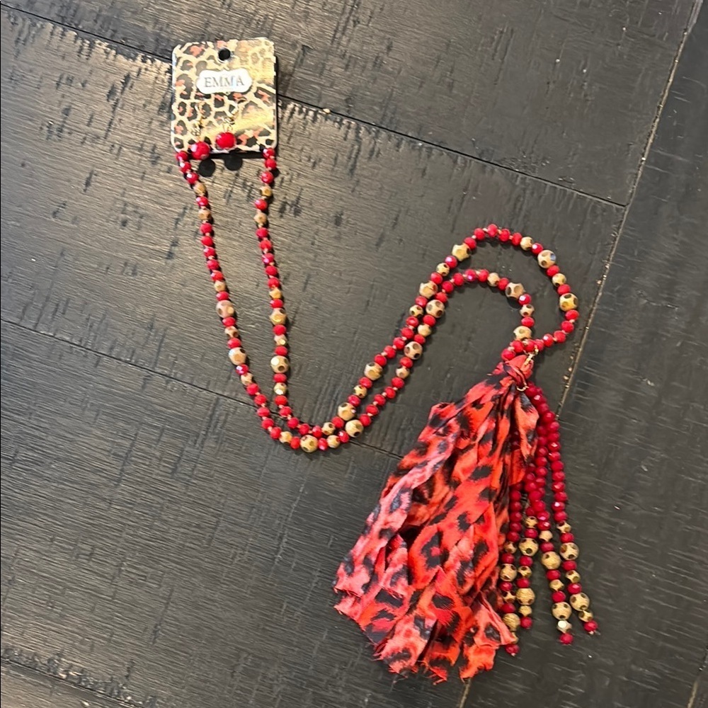 Boutique Beaded Tassel Necklace Red Gold Animal Print Rodeo Festival Western